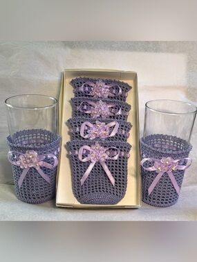 Hand Crocheted Lavender Glass Sleeves with Bow and Flower Accents